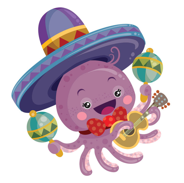 cute octopus character with rattles in his hands and in a sombrero on his head, cartoon illustration, isolated object on a white background, vector, eps - Wektor, obraz