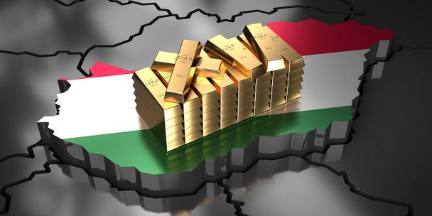 Hungary map and flag, gold ingots - 3D illustration - Foto, Imagem