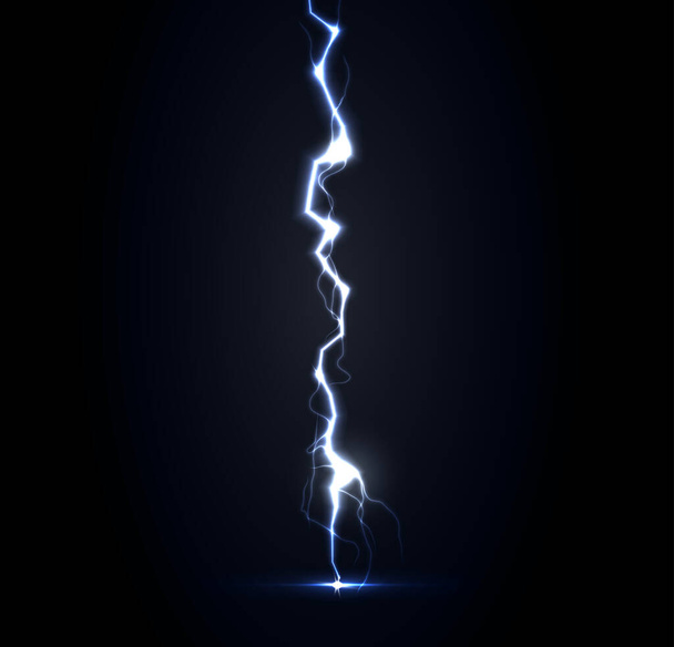 Thunderbolt vector illustration. Blue lightning strike on dark background. Vertical lightning, realistic thunderstorm . Nature, spring rainy weather. - Vetor, Imagem