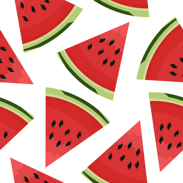 Watermelon slice with seeds seamless pattern in cartoon style. Watermelon fruit background. Tropical fruit. Exotic. Juicy  - Vector, imagen