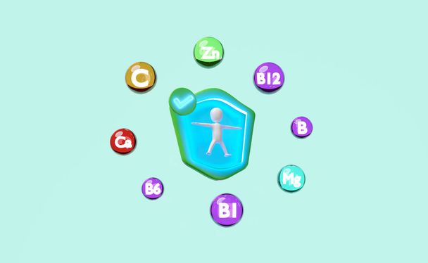 3d protect your health with multivitamins, shield icon, stick man miniature, checkmark, The vitamins your body needs concept, isolated on green background. 3d render illustration  - Foto, Imagem