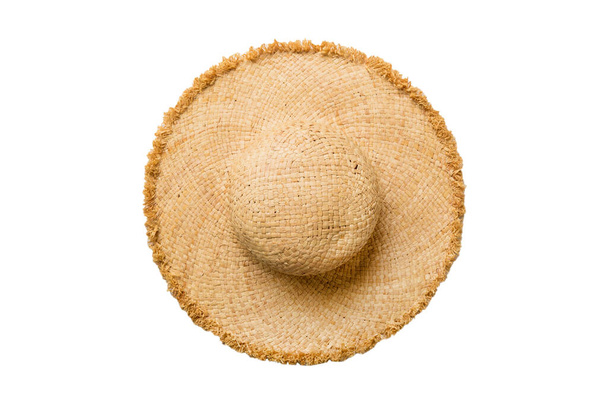 Γυναικείο καλοκαιρινό κίτρινο ψάθινο καπέλο top view, απομονωμένο σε λευκό φόντο. - Φωτογραφία, εικόνα