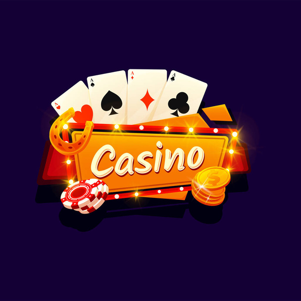 Казино азартная игра, покер карты вывеска с золотыми монетами и фишками, векторный мультяшный фон. Игровой автомат казино Вегаса с неоновыми лампами и счастливой золотой подковой - Вектор,изображение