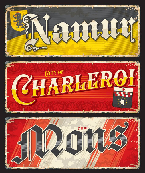 Namur, Mons, Charleroi, Belgian city travel stickers and plates, vector tin signs. Belgium cities luggage tags and travel grunge plates with Belgian Wallonia region emblems and tagline mottos - Vector, afbeelding