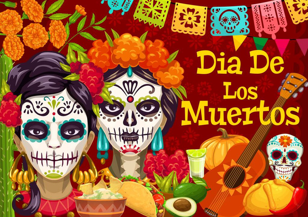 Dia de los Muertos мексиканский праздничный плакат. Векторный день мертвого праздничного дизайна с символом Катрины, сахарным черепом, цветами Мэриголд, флажками из папельного пикадо. Традиционная еда, текила, гитара или тыква - Вектор,изображение