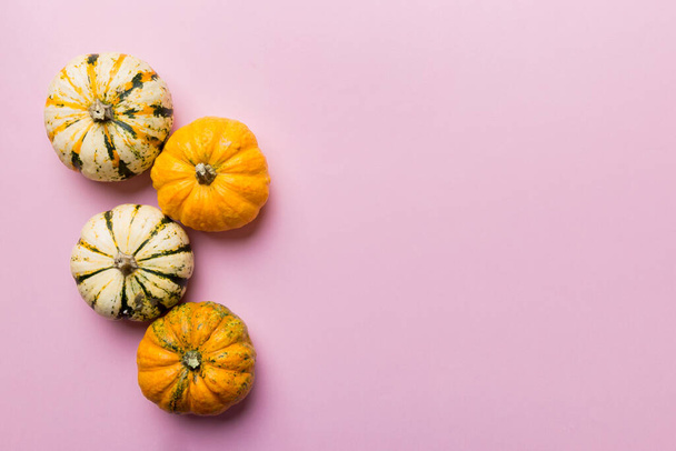 Őszi összetétele kis narancs tök színes asztal háttér. Ősz, Halloween és Hálaadás koncepció. Őszi lapos feküdt fotózás. Felülnézet vith másolótér. - Fotó, kép
