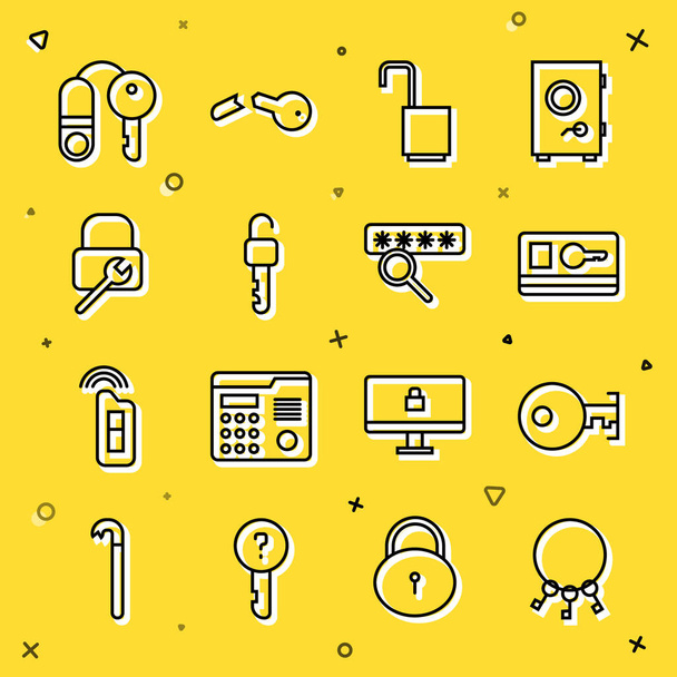 Set line Bunch of keys, Key, card, Open padlock, Unlocked, Lock repair, House with and Password protection icon. Vector - Vettoriali, immagini