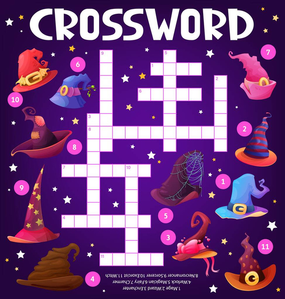 Witch and wizard hats, crossword puzzle worksheet, find a word quiz game grid. Vector search riddle with magician headwear for children learning activity. Cross word kids test with cartoon mage caps - Vector, afbeelding