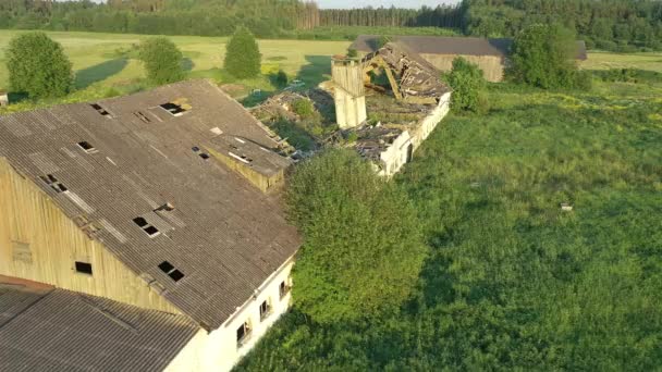 Koeru.Estonia-July 5.2021: Αεροπλάνο ενός ξεχασμένου αγροκτήματος που δείχνει τη σοβιετική δομή να γίνεται σιγά-σιγά ένα με τη φύση. Κηφήνας κινείται μακριά από τον αχυρώνα. - Πλάνα, βίντεο