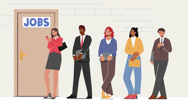 Confiante Serious Young Man and Woman with Cv Stand in Line front of Office Door Waiting Job Interview ou Meeting with Potential Business Partners. Candidatos em fila. Desenhos animados Vector Ilustração - Vetor, Imagem