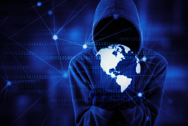 Double exposure of hooded hacker showing a virtual globe on his hands while standing in the cyberspace with code binary background - Foto, Bild