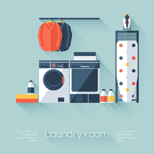 Laundry room with washing machine and dryer. Flat style with long shadows. Modern trendy design. Vector illustration. - Vector, Image