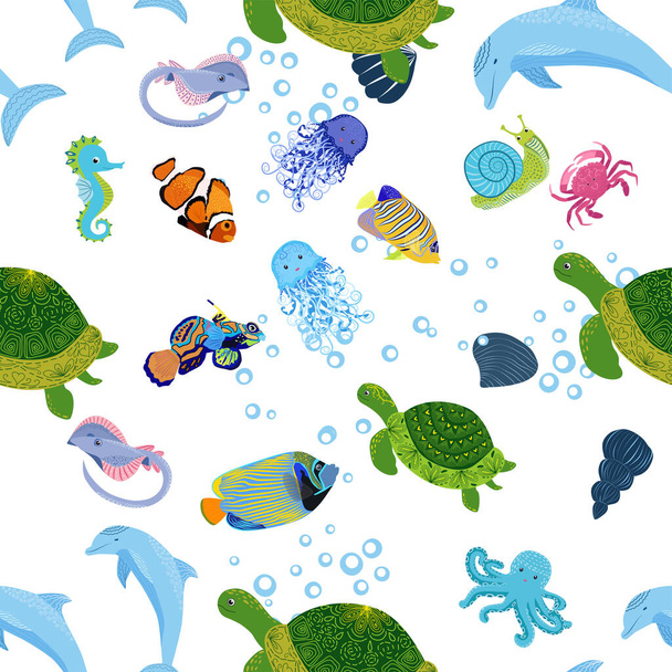 Sea inhabitants seamless pattern, beautiful character among seashells, seaweed, starfish, sea animals wildlife nature. - Вектор, зображення
