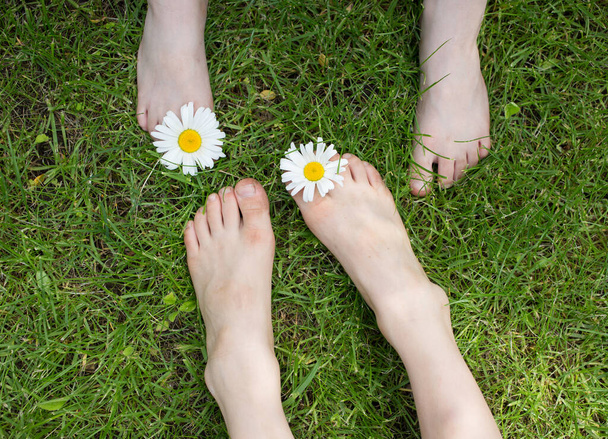 Két pár csupasz gyerek lába a fűben, kamillavirág a lábujjak között. vidám pozitív légkör, boldog gyermekkor, gyengéd érzések. Helló nyár. gyermekek öröme, szórakozása - Fotó, kép
