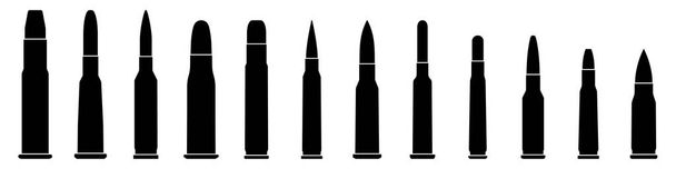 Bullet icon isolated. Various of military cartridge. Military ammunition. Bullet or patron silhouette. Vector illustration. - Vector, imagen