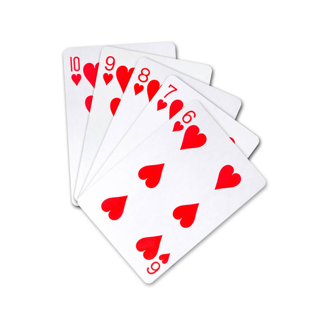 Escalera, naipes, aislado sobre fondo blanco. Manos de póker. Elemento de diseño. Jugando cartas. Contexto. - Foto, imagen