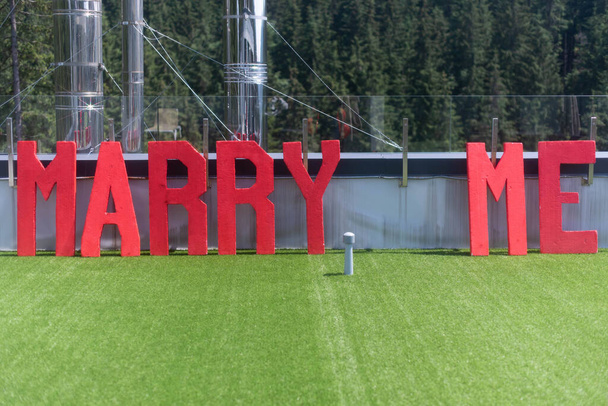big red letters marry me on a forest background standing on green artificial grass - Zdjęcie, obraz