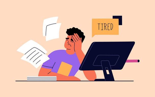 Man tired of hard working, burnout at work. Guy at office sits by the table with computer. Unhappy person overworked. Hand drawn vector illustration isolated on light background. Flat cartoon style. - Vetor, Imagem