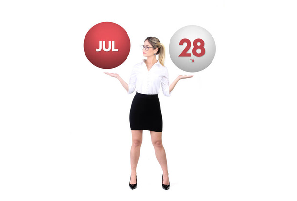 Calendar background. Businesswoman holding 3d spheres with date jul 28 - Fotó, kép