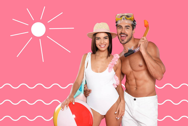 Lovely couple in beachwear on color background, stylish design. Summer season - Foto, imagen