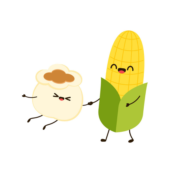 Corn and popcorn cartoon. Vector mascot, cartoon and illustration of a corn holding popcorn. Character design. - Vektori, kuva