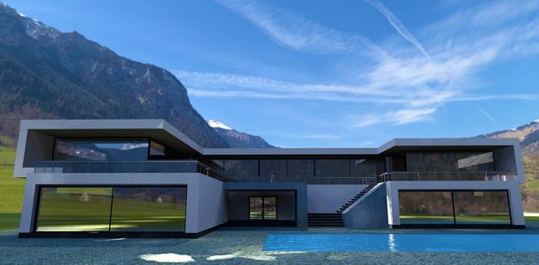 Fantastisches Design High-Tech-Haus in der Nähe von Bergen. Weiße Fassade und Flachdachterrasse. 3D-Darstellung. Gutes Image für Immobilienverkäufer. - Foto, Bild
