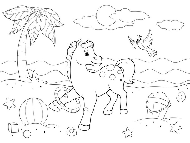 Pony plays on the beach with a hula hoop. The nature of the sea coast. Children coloring book, raster illustration. - Photo, image
