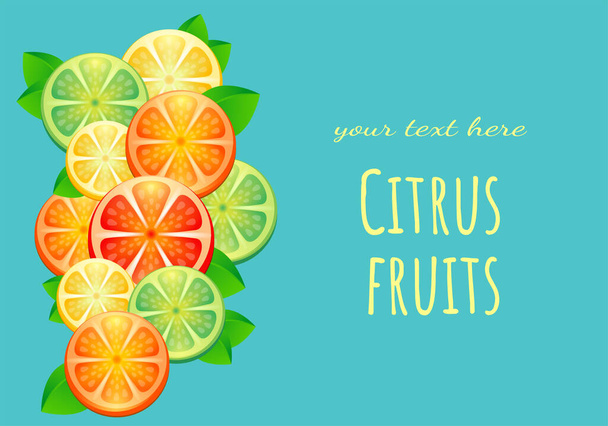 Kreatív háttér készült nyári trópusi gyümölcsök levelek, grapefruit, narancs, mandarin, citrom, lime pasztell kék háttér. Étel koncepció. Lapos fekvés, felülnézet, másolás - Vektor, kép