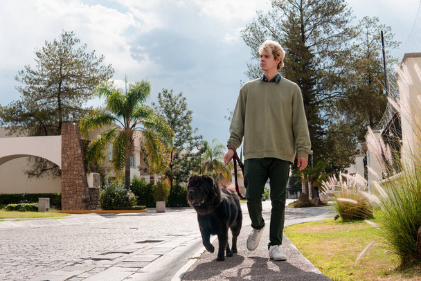 A boy walks in his quiet street with his big black dog looking into the distance on a bright day - Foto, immagini