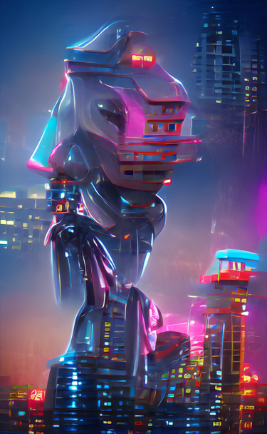 big robot and spaceship in a futuristic city, digital painting illustration - Fotó, kép