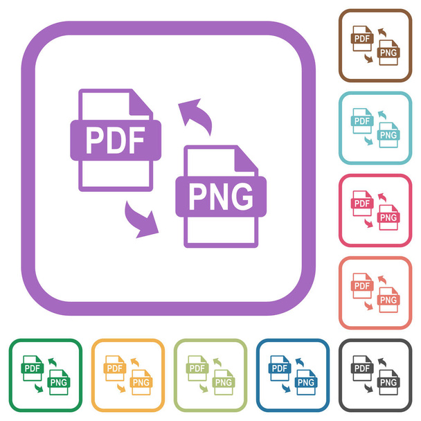 PDF PNG file conversion simple icons in color rounded square frames on white background - Vektor, kép