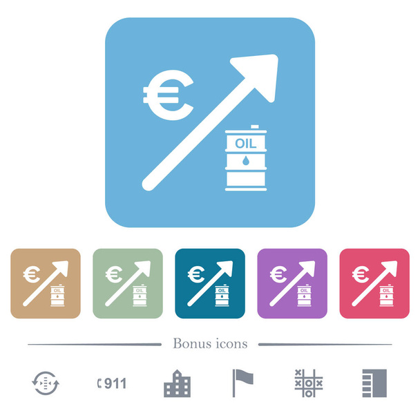 Зростання цін на нафту євро на білу плоску іконку на кольоровому заокругленому квадратному фоні. 6 бонусних ікон. - Вектор, зображення