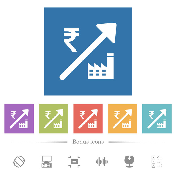 Rosnąca elektrownia Indian Rupee ceny płaskie białe ikony w kwadratowych tłach. 6 ikon bonusowych. - Wektor, obraz