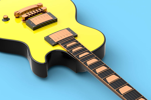 Close-up Electric acoustic guitar isolated on blue background. 3d render of concept for rock festival poster with heavy metal guitar for music shop - Zdjęcie, obraz