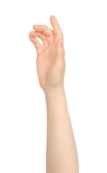 Woman hand shows virtual touching, on white background close-up - Photo, Image