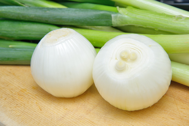 closeup of cleaned onion and green onion - Photo, Image