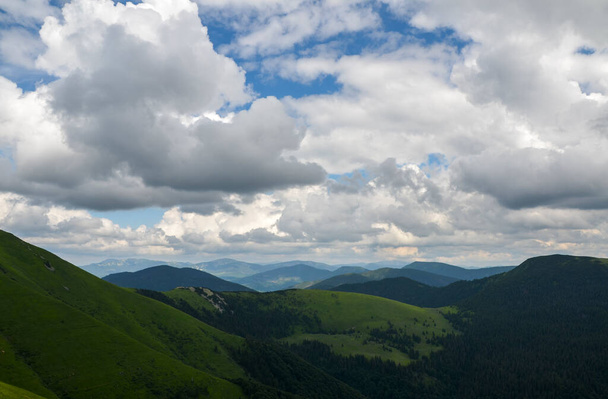 Beautiful panoramic view of highland to green mountain hills with forest landscape with cloudy blue sky. Carpathian Mountains, Ukraine - Foto, Imagem