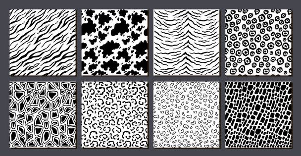 Safari animals skin seamless pattern set. Mammals Fur. Collection of exotic clothes printing or wallpaper texture vector set. Predators Camouflage. Printable Background. Vector illustration. - Vettoriali, immagini
