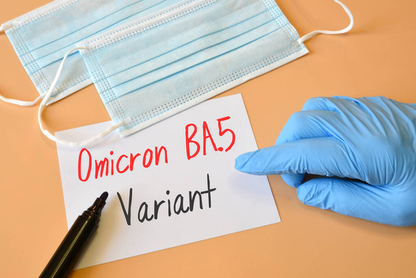 Covid-19 new variants of Omicron. Doctor's hand in blue glove indicate to the inscription "Omicron BA.5 Variant" on a white sheet. Concept for the new Covid 19 Omicron variants - 写真・画像