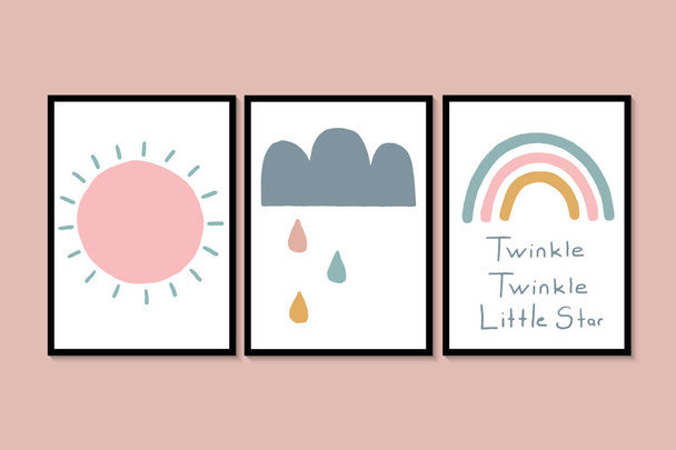 Baby Girl Sun and Rainbow. Baby girl room wall art. Pink, green little star triple wall set. Kids room print illustration. - Vector, Image