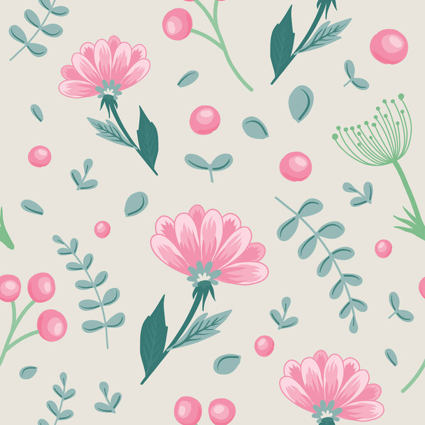 pattern of beautiful pink flowers and herbs in vector with white background for creating a bouquet, booklet, decorating - Vecteur, image