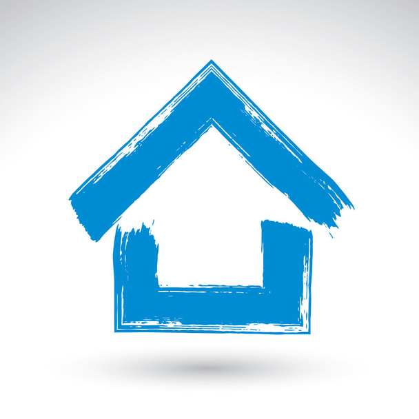Hand drawn blue country house icon, estate logotype, brush drawi - Вектор,изображение