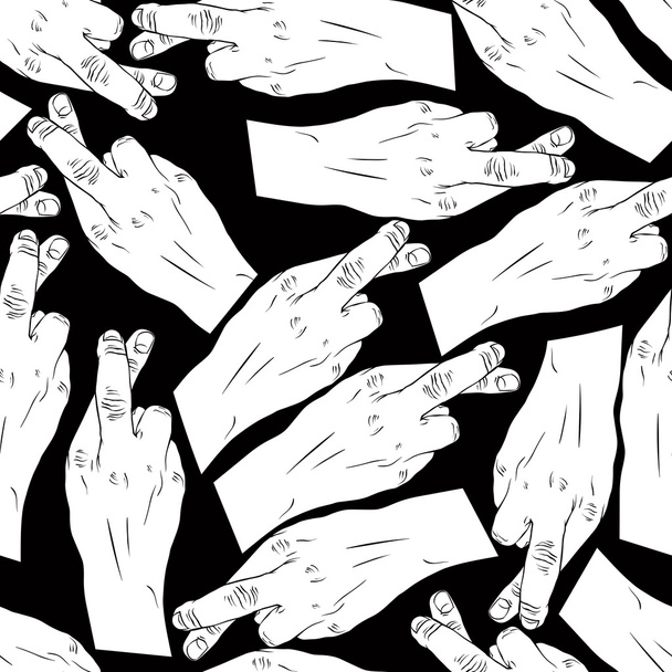 Hands of cheaters with crossed fingers seamless patter, black an - Vektor, Bild