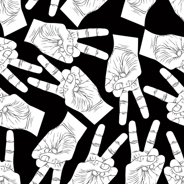 Victory hand signs seamless pattern, vector black and white back - Vektor, kép