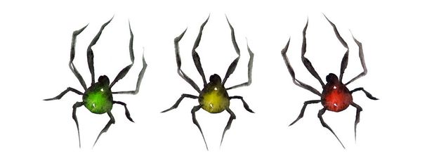 Big black toy watercolor spiders on a white background for halloween, copy space, Flat lay - 写真・画像