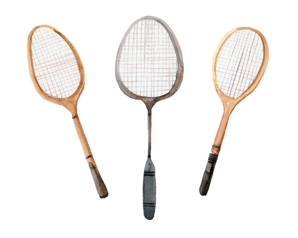 Bádminton acuarela tres raquetas aisladas sobre fondo blanco - Foto, Imagen