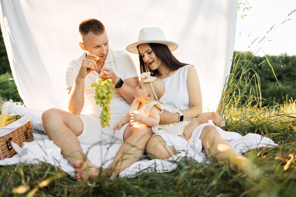 Happy young parens embracing cute little daughter sitting on white blanket. Caucasian family of three celebrating birthday party and eating grape on fresh air. - Foto, Imagem