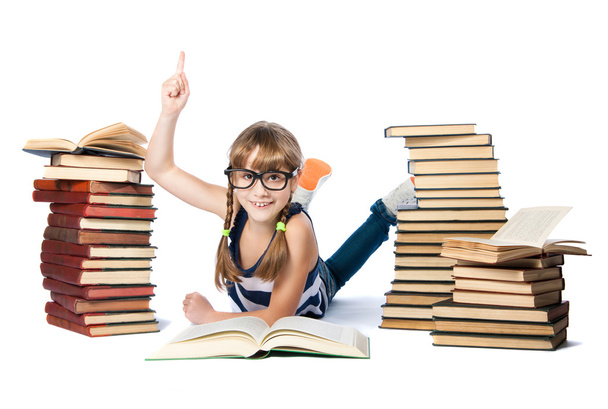 girl with lot of books, isolated on white - Foto, Imagen