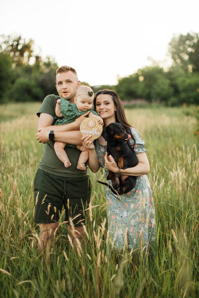 Beautiful caucasian man and woman standing in embrace with their cute little daughter and dog celebrating six months since the birth of a child on beautiful summer meadow. Family time on fresh air. - Foto, afbeelding