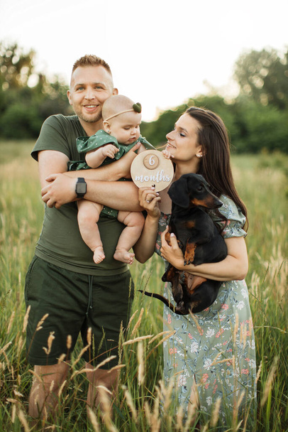 Portrait of happy young parents embracing little cute daughter and their dog celebrate six months since the birth of a child while standing on the field on fresh air. - Foto, Imagem
